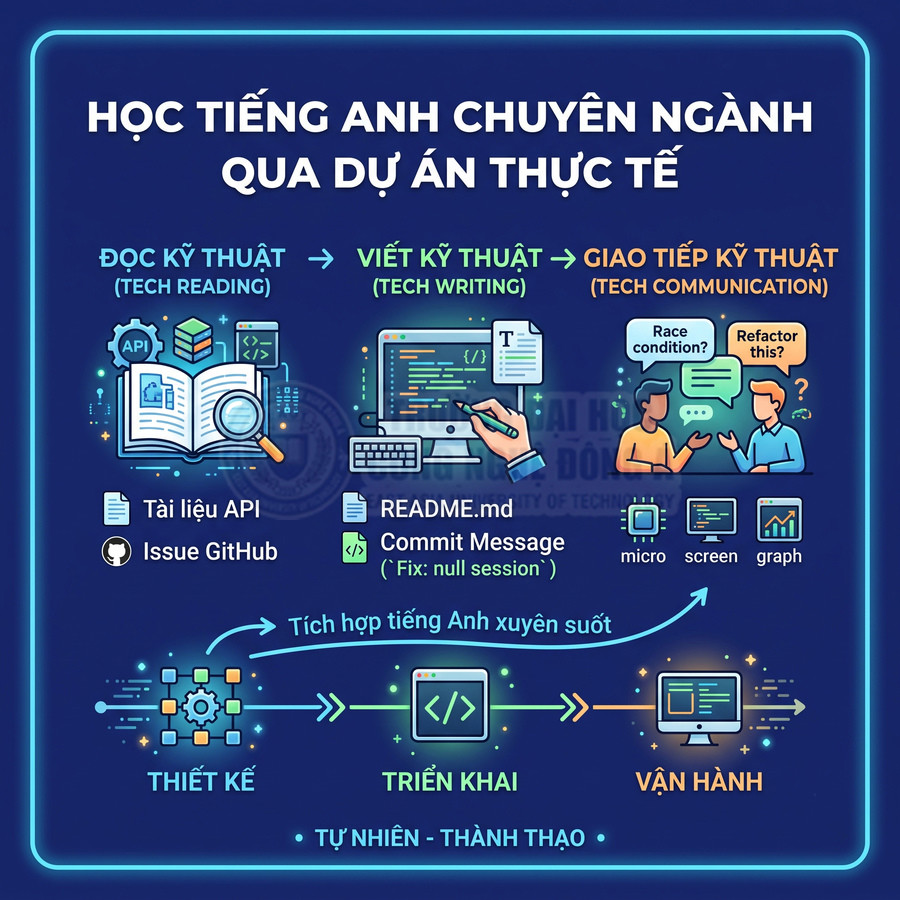 Poster khóa học học tiếng Anh chuyên ngành IT qua dự án thực tế với các bước đọc viết giao tiếp kỹ thuật