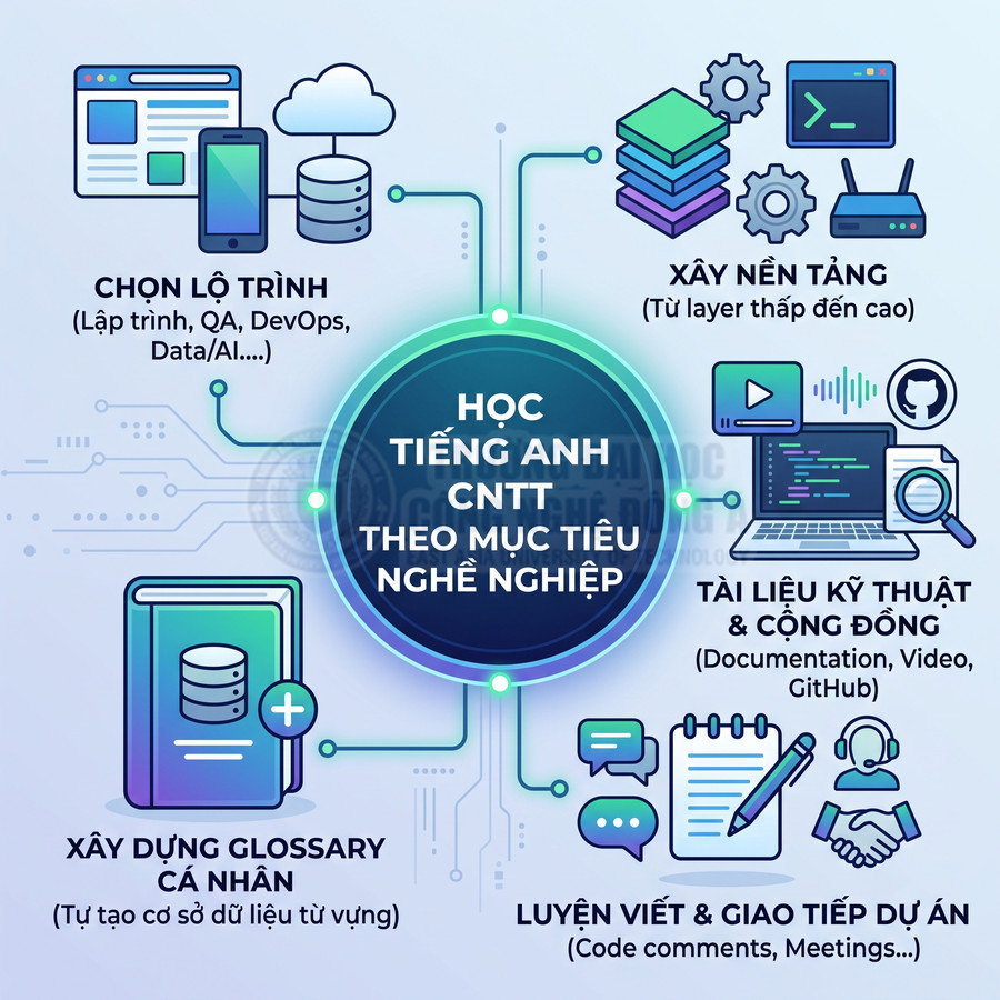 Sơ đồ các bước học tiếng Anh CNTT theo mục tiêu nghề nghiệp với lộ trình, tài liệu kỹ thuật và luyện giao tiếp dự án