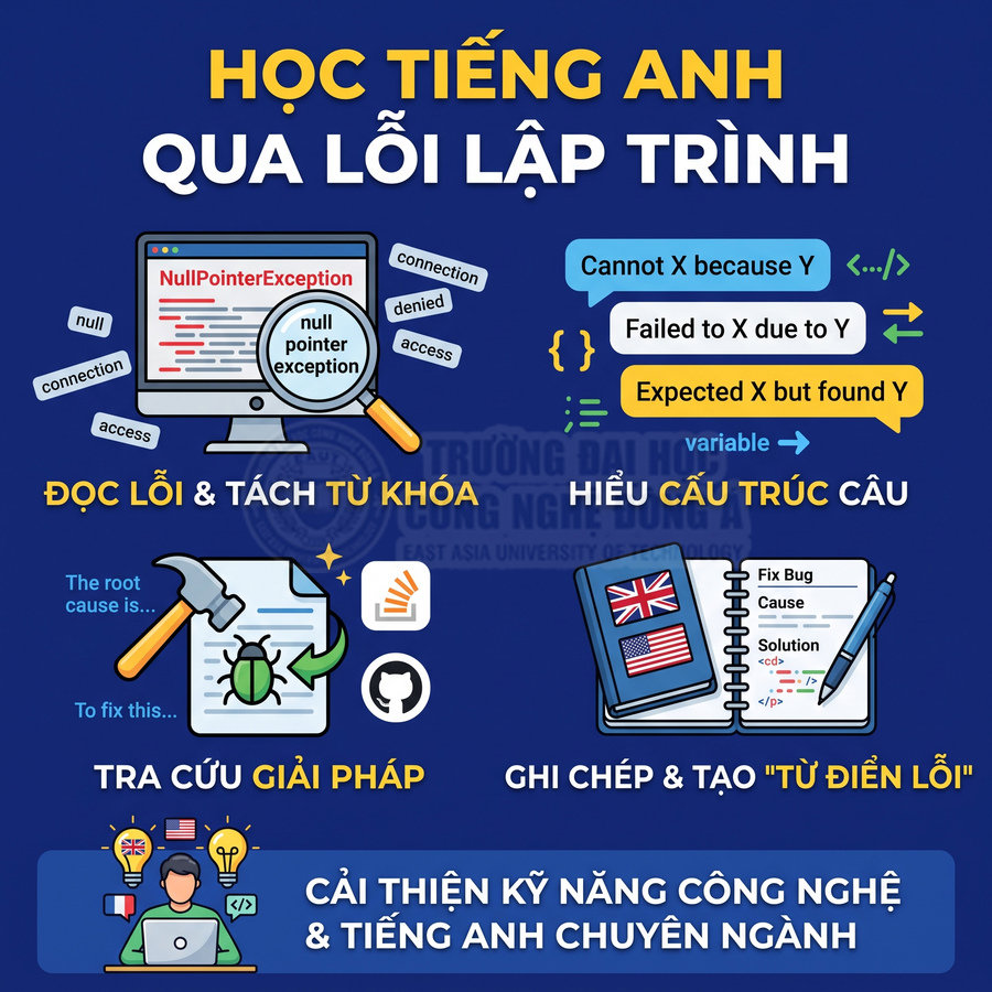 Học tiếng Anh qua lỗi lập trình với ví dụ lỗi, tra cứu giải pháp và ghi chép từ vựng chuyên ngành