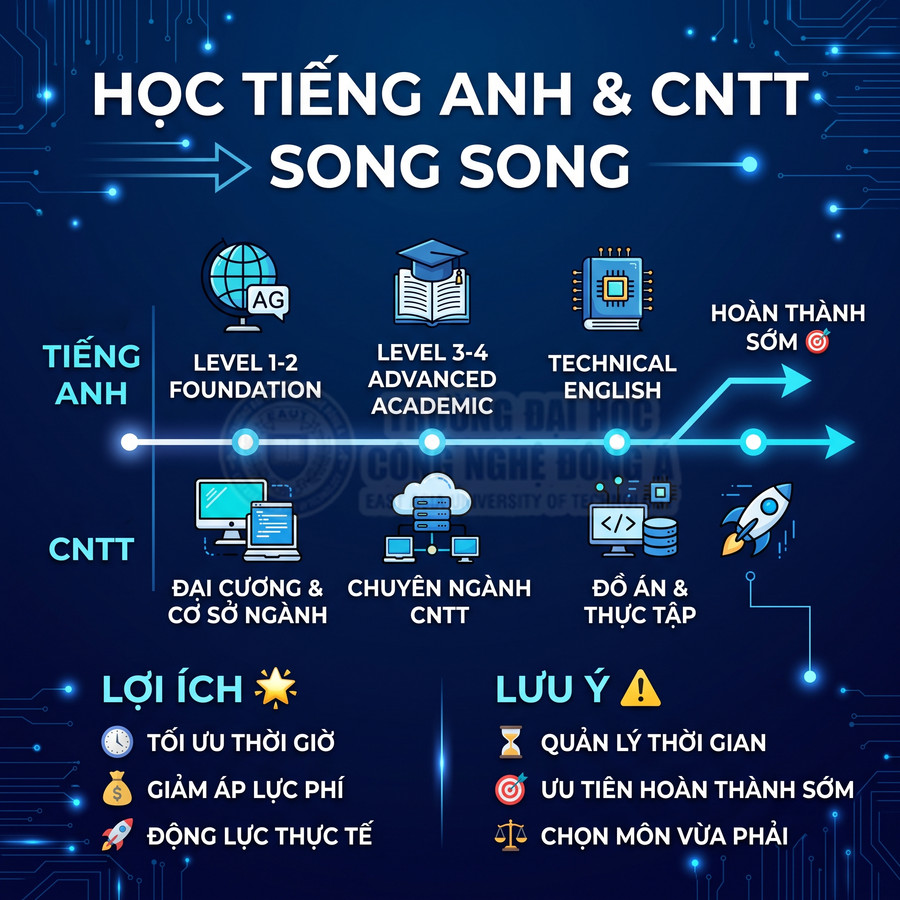 Lộ trình học tiếng Anh và CNTT song song với các cấp độ, lợi ích và lưu ý trên nền xanh công nghệ