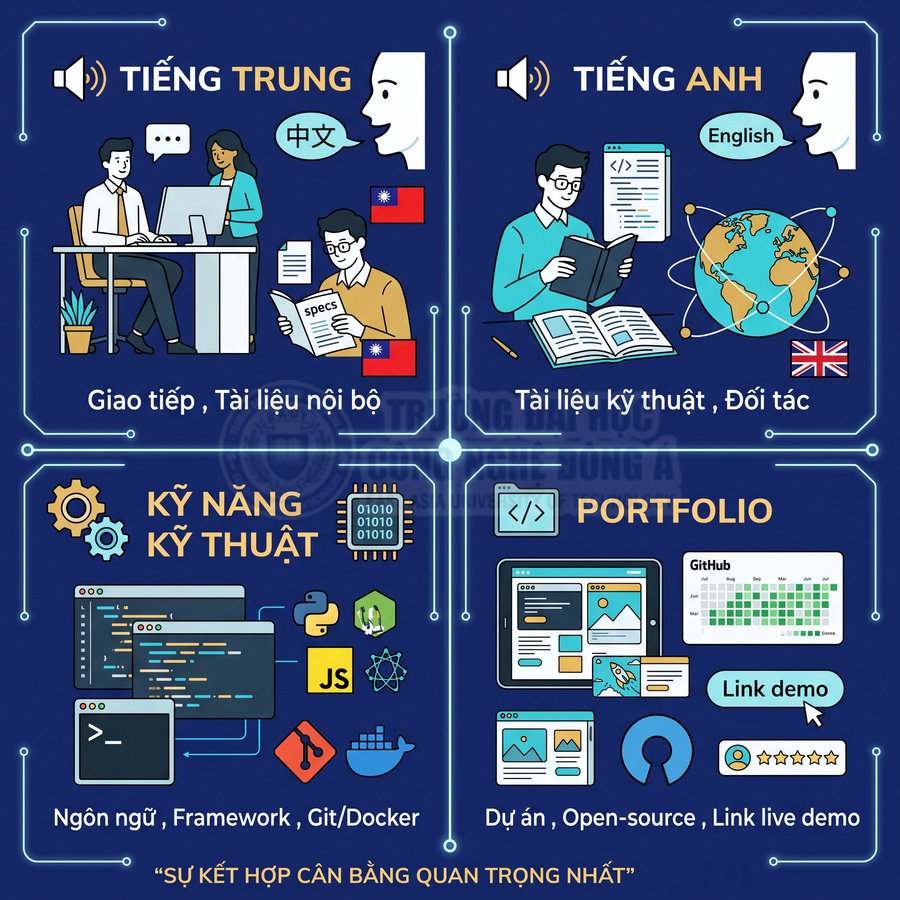Infographic kỹ năng lập trình viên: tiếng Trung, tiếng Anh, kỹ năng kỹ thuật, portfolio dự án và GitHub