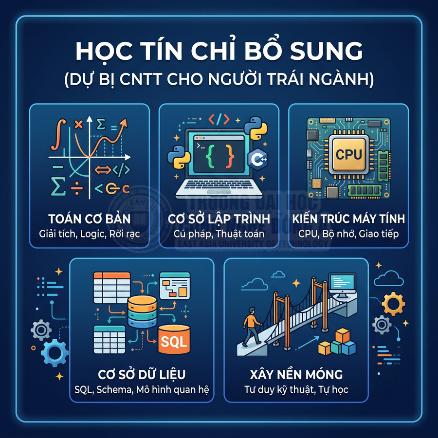 Khóa học tín chỉ bổ sung CNTT cho người trái ngành với toán, lập trình, kiến trúc máy tính, cơ sở dữ liệu, kỹ năng nền tảng