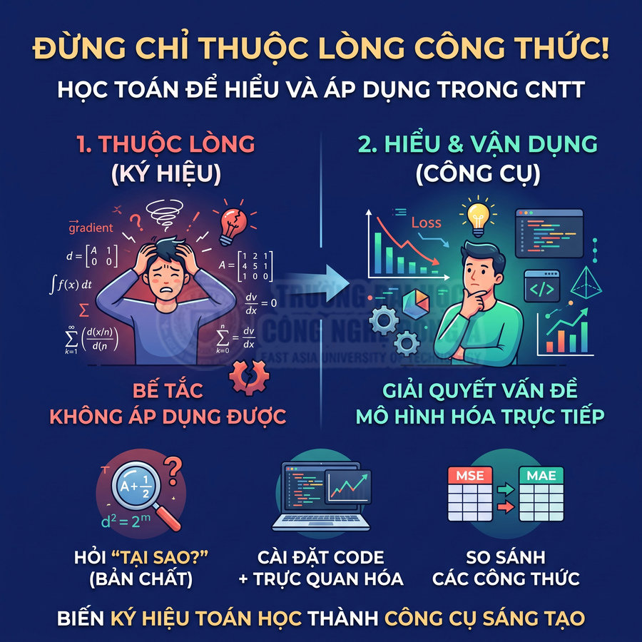 Poster minh họa học toán ứng dụng trong CNTT, so sánh học thuộc công thức và hiểu để vận dụng giải quyết vấn đề