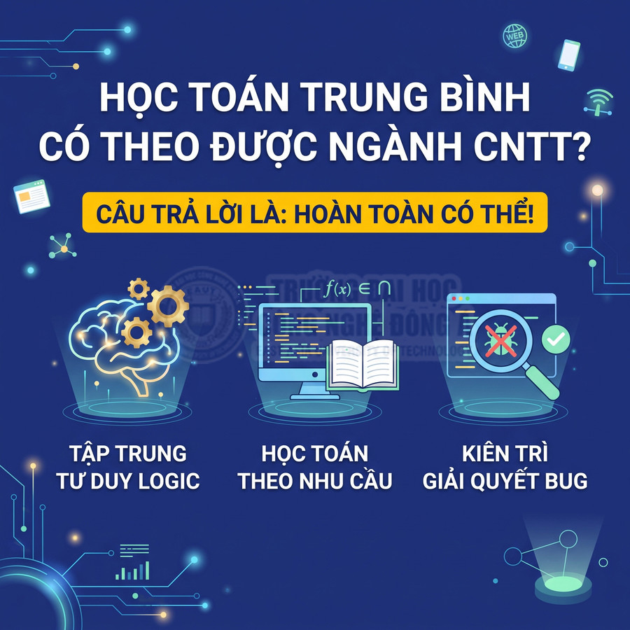 Poster tư vấn học toán trung bình vẫn theo được ngành công nghệ thông tin với các kỹ năng logic và giải quyết bug