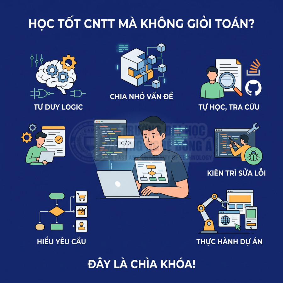 Sinh viên công nghệ thông tin ngồi lập trình trên laptop với các kỹ năng tư duy logic, chia nhỏ vấn đề, tự học và thực hành dự án