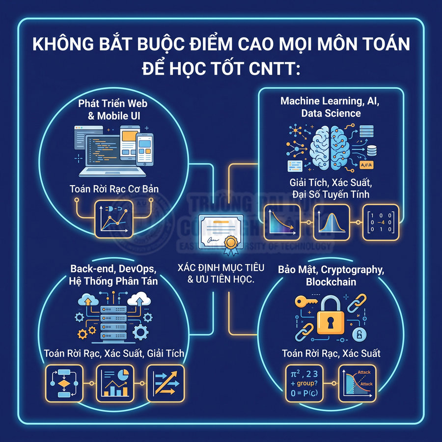 Infographic các nhánh CNTT và môn toán cần thiết như giải tích, xác suất, đại số tuyến tính, toán rời rạc