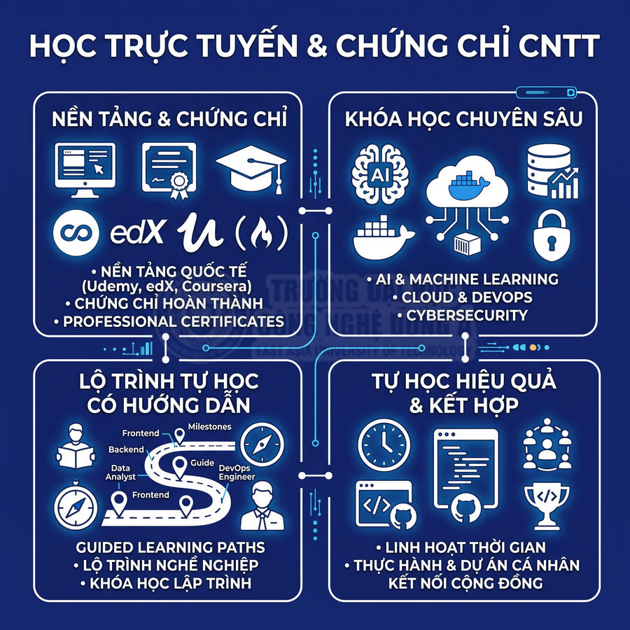 Poster giới thiệu khóa học trực tuyến và chứng chỉ CNTT, lộ trình tự học lập trình và khóa học AI, cloud, cybersecurity