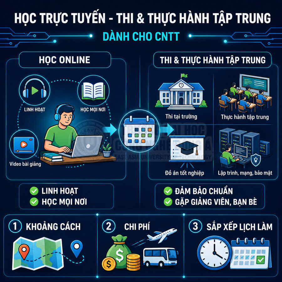 Infographic chương trình học trực tuyến kết hợp thi và thực hành tập trung dành cho sinh viên CNTT
