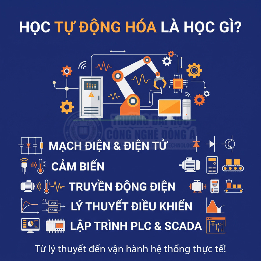 Nội dung học tự động hóa với cánh tay robot, mạch điện, cảm biến, truyền động điện và lập trình PLC, SCADA