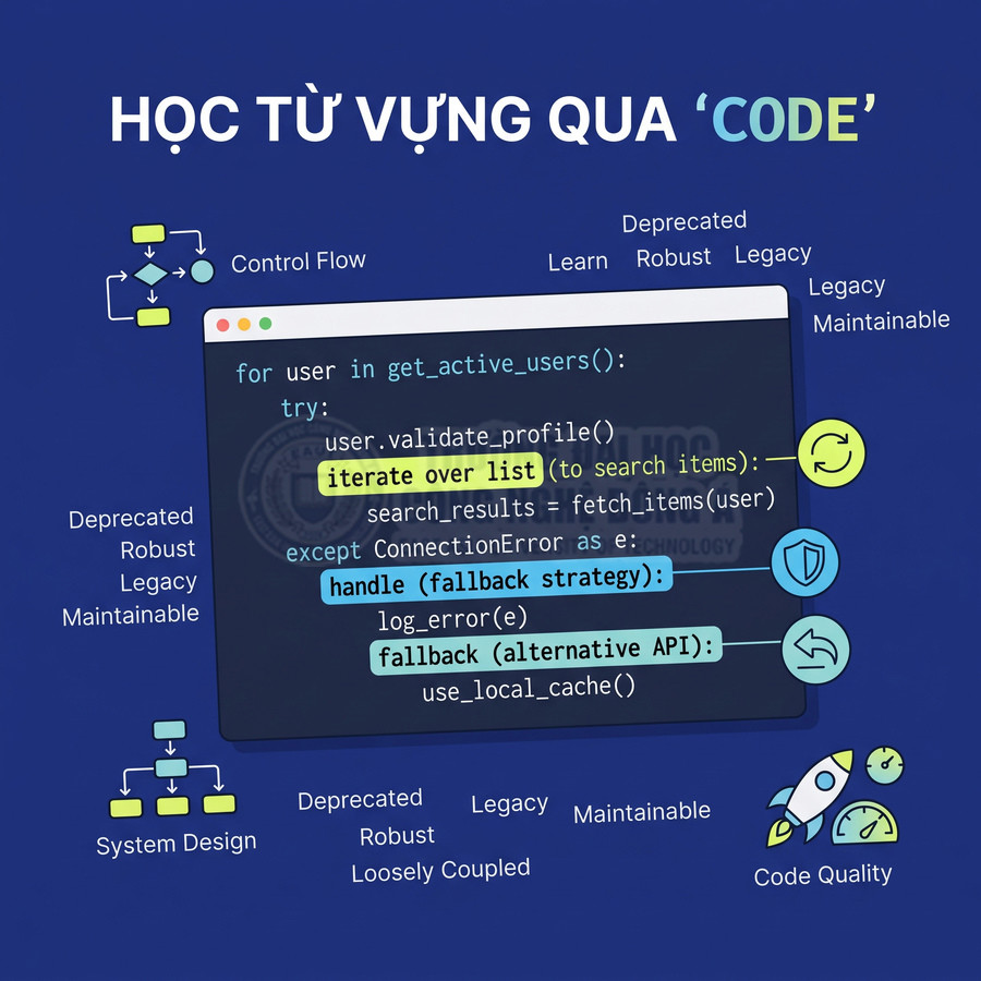 Hình minh họa học từ vựng tiếng Anh qua đoạn code Python với các thuật ngữ lập trình nổi bật