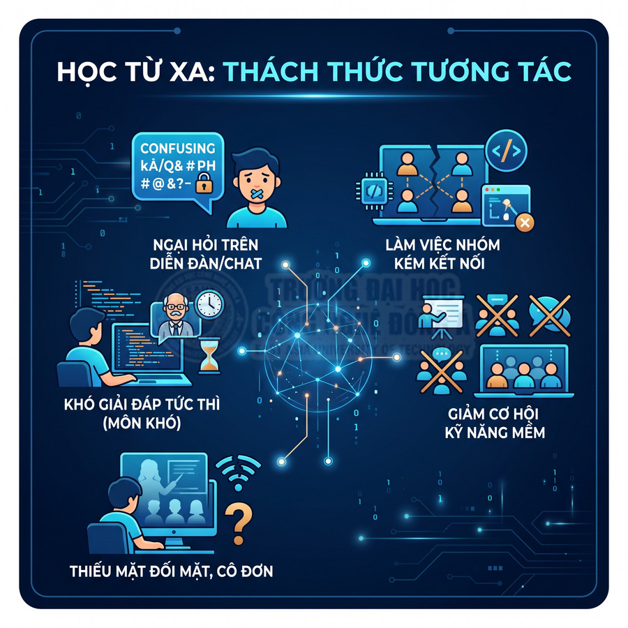Infographic thách thức tương tác khi học từ xa như ngại hỏi, khó giải đáp, thiếu kết nối nhóm và cô đơn