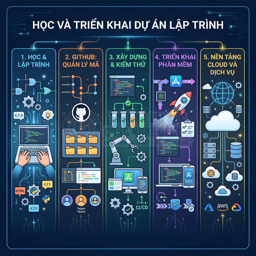 Quy trình học và triển khai dự án lập trình từ viết code, quản lý GitHub, CI CD đến triển khai cloud AWS Azure Google Cloud
