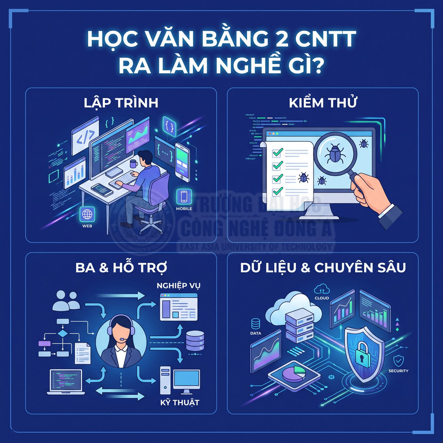 Các vị trí việc làm ngành CNTT văn bằng 2 gồm lập trình, kiểm thử, BA hỗ trợ, dữ liệu và chuyên sâu