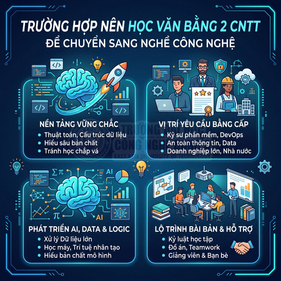 Infographic lý do nên học văn bằng 2 CNTT với nền tảng, cơ hội nghề nghiệp, AI data và lộ trình hỗ trợ học tập
