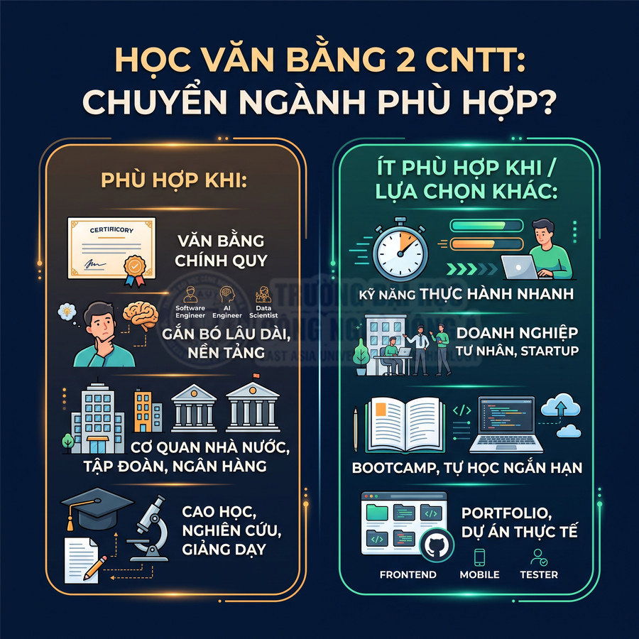 Infographic so sánh học văn bằng 2 CNTT chính quy với bootcamp, kỹ năng thực hành nhanh và lộ trình nghề nghiệp
