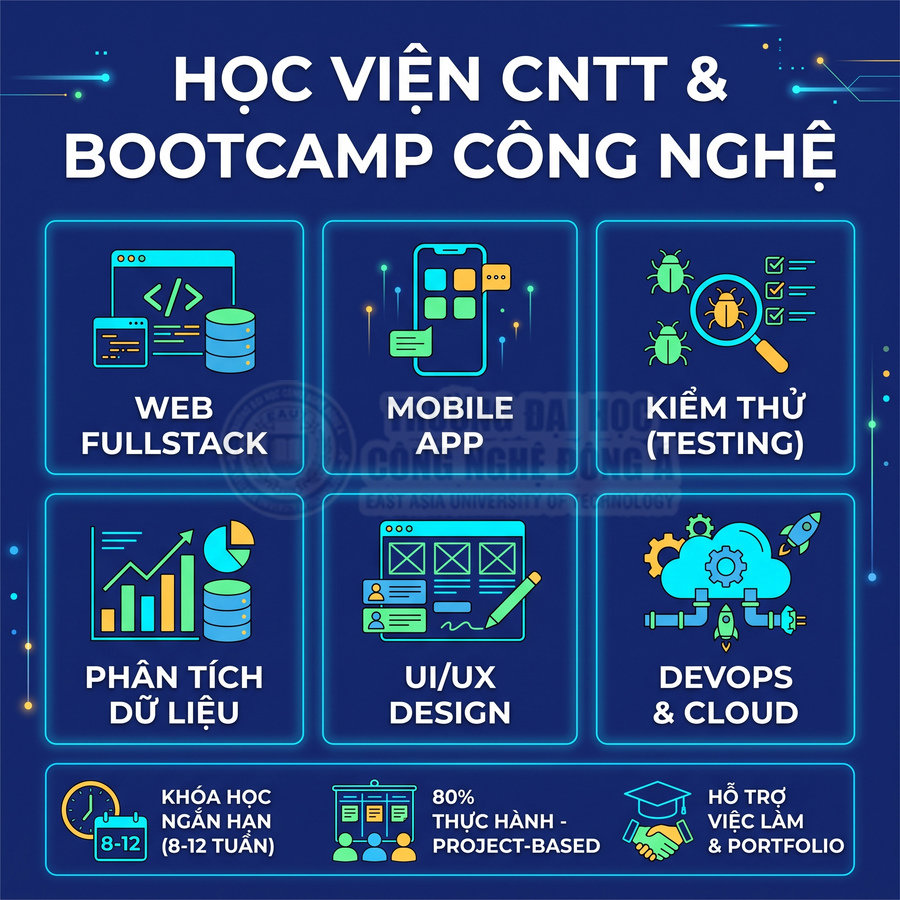 Poster giới thiệu học viện CNTT và bootcamp công nghệ với các khóa web fullstack mobile app kiểm thử dữ liệu UIUX devops