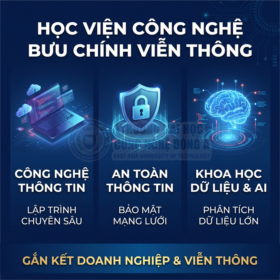 Poster giới thiệu Học viện Công nghệ Bưu chính Viễn thông với các ngành CNTT, an toàn thông tin, khoa học dữ liệu và AI