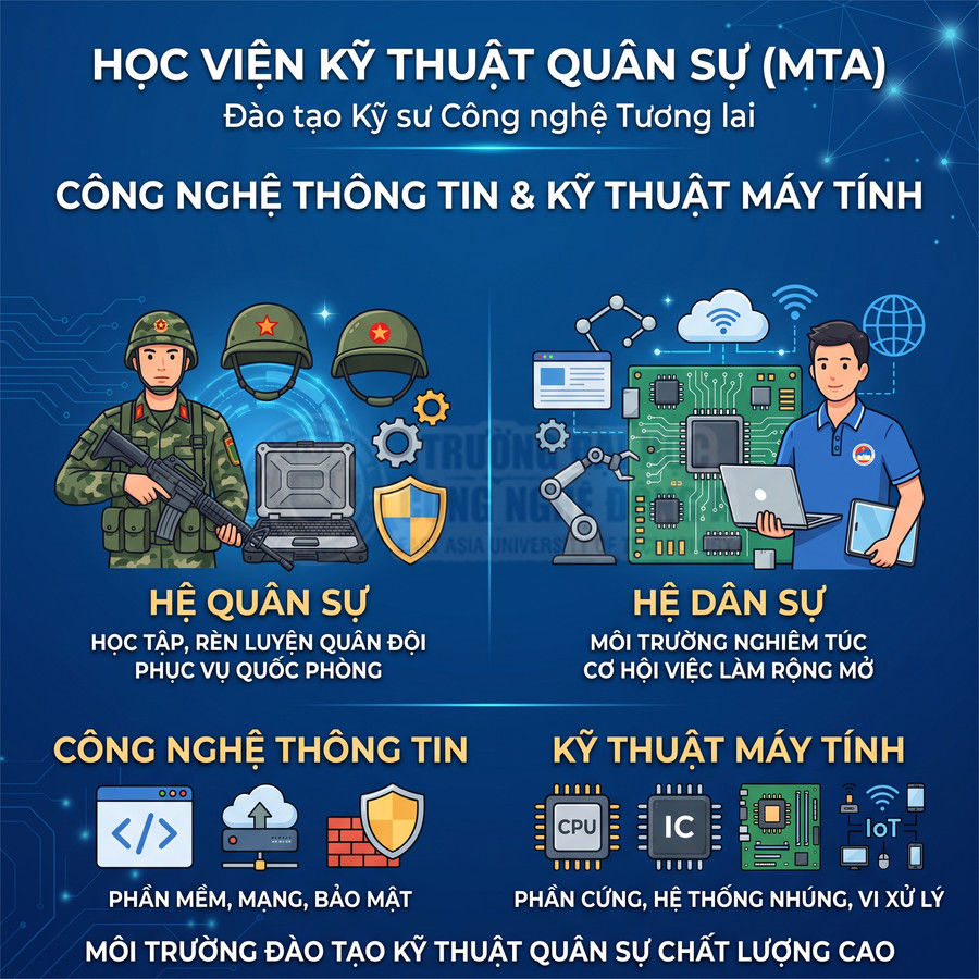 Poster giới thiệu ngành Công nghệ thông tin và Kỹ thuật máy tính hệ quân sự và dân sự tại Học viện Kỹ thuật Quân sự