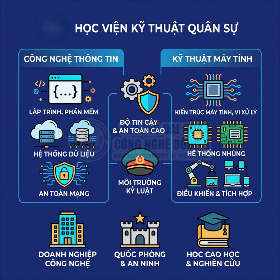 Infographic giới thiệu ngành công nghệ thông tin và kỹ thuật máy tính tại Học viện Kỹ thuật Quân sự