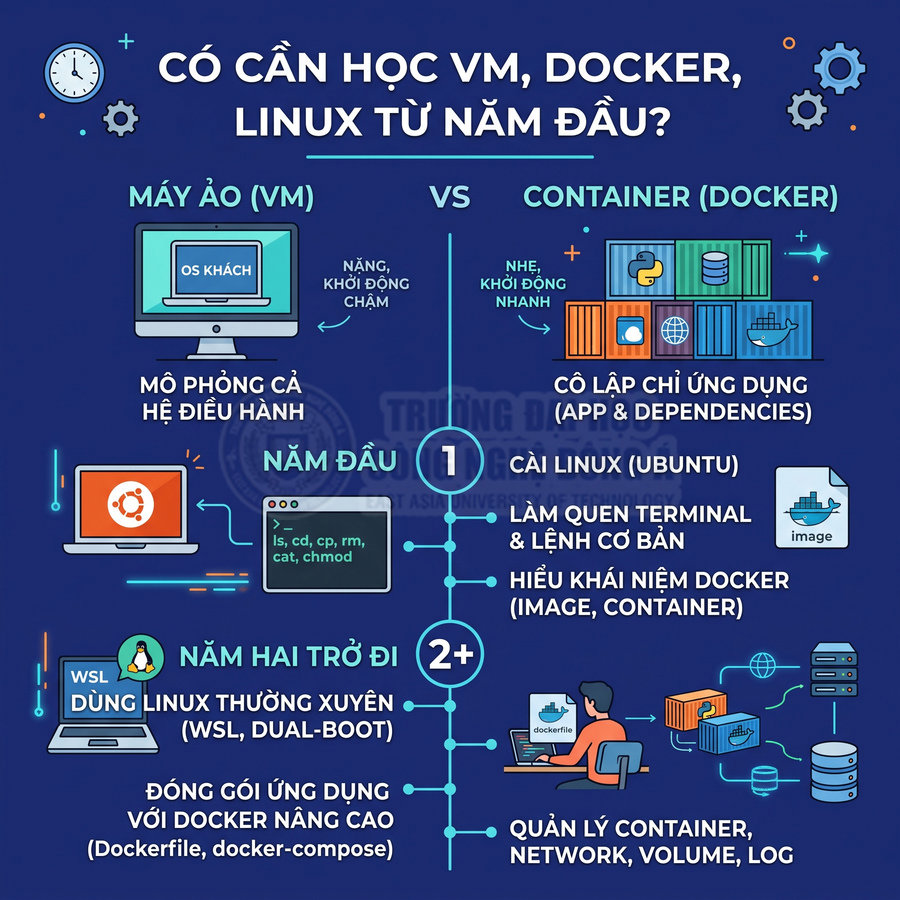 Infographic so sánh máy ảo VM và container Docker, lộ trình học Linux từ năm đầu cho sinh viên IT