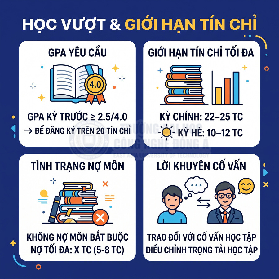 Infographic hướng dẫn học vượt và giới hạn tín chỉ đại học với GPA yêu cầu, số tín chỉ tối đa, nợ môn và lời khuyên cố vấn