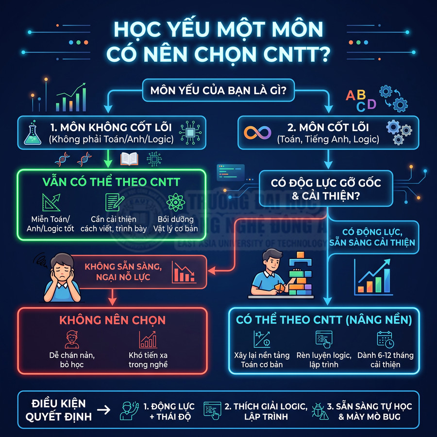 Sơ đồ tư vấn chọn ngành công nghệ thông tin cho học sinh học yếu một số môn và điều kiện nên hoặc không nên theo học