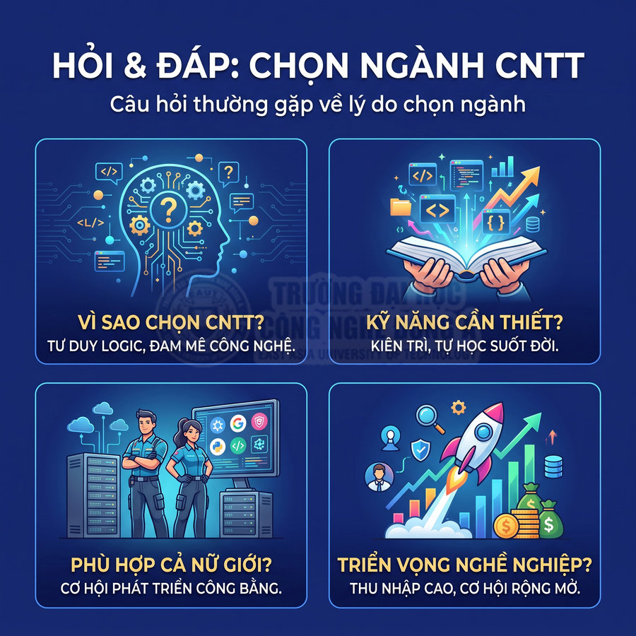 Infographic giới thiệu lý do chọn ngành công nghệ thông tin, kỹ năng cần thiết và triển vọng nghề nghiệp hấp dẫn