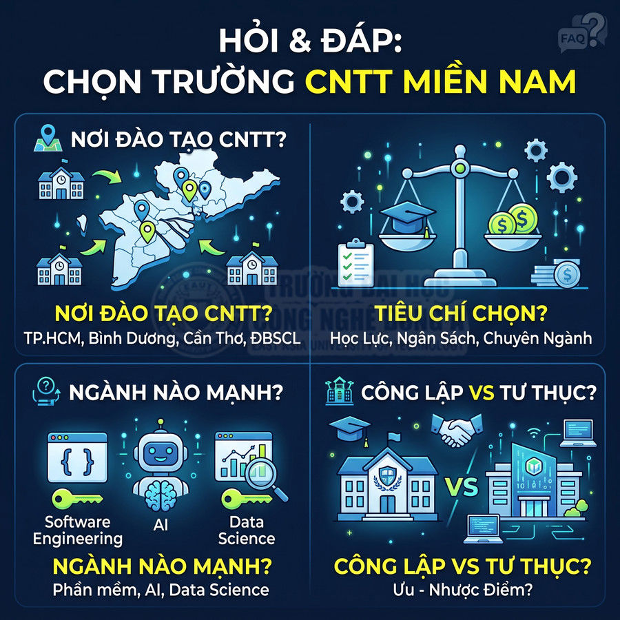 Infographic tư vấn chọn trường đào tạo công nghệ thông tin miền Nam, tiêu chí chọn ngành và so sánh công lập với tư thục