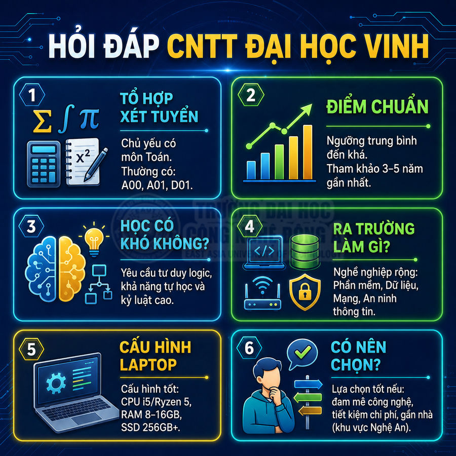 Infographic hỏi đáp ngành CNTT Đại học Vinh về xét tuyển, điểm chuẩn, học khó không, cơ hội nghề nghiệp, cấu hình laptop