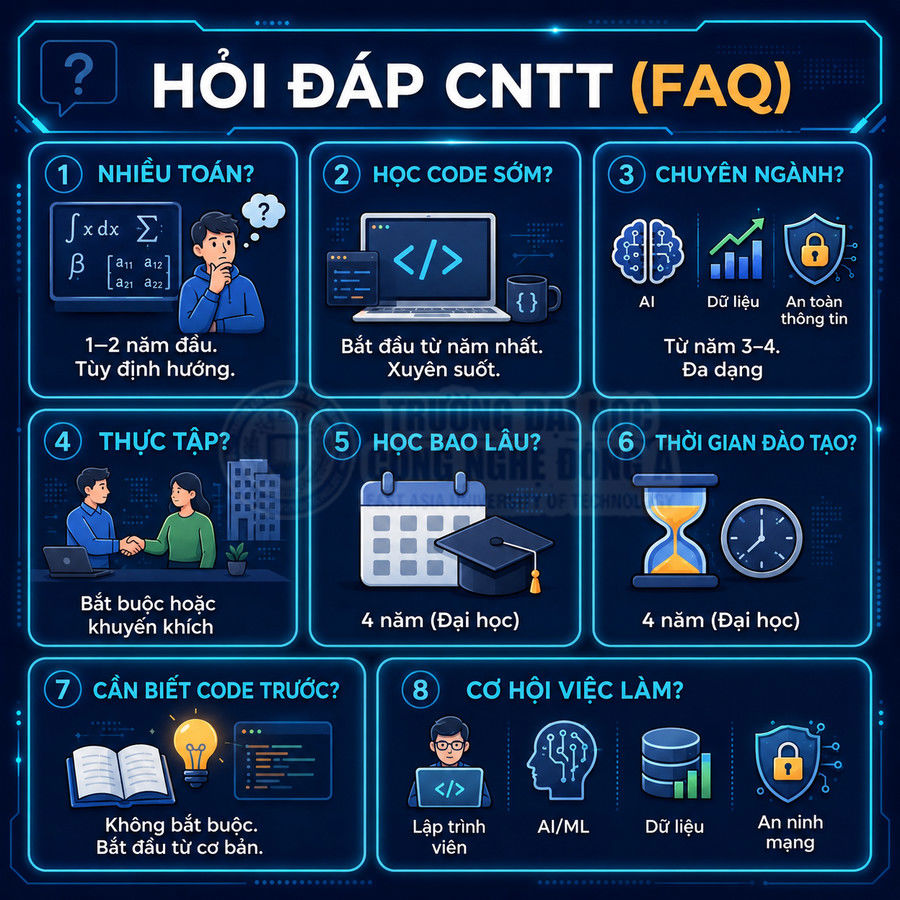 Infographic hỏi đáp ngành công nghệ thông tin về toán, học code, chuyên ngành, thực tập, thời gian học và cơ hội việc làm