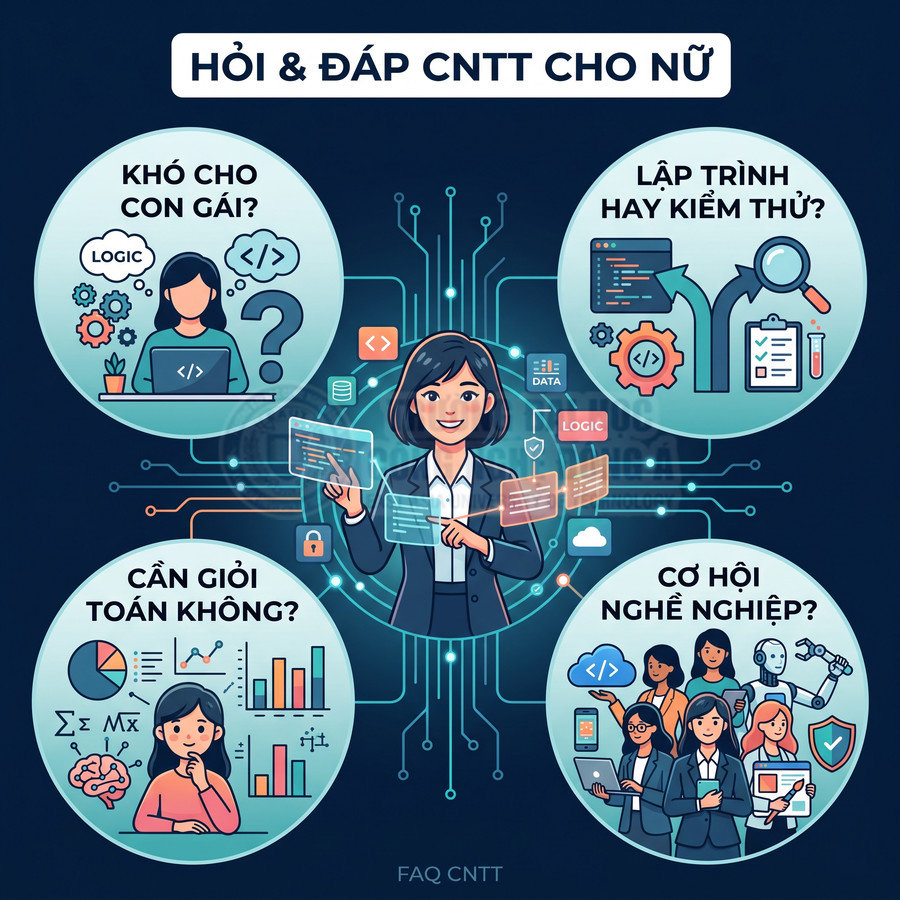 Minh họa hỏi đáp ngành CNTT cho nữ với lập trình, kiểm thử, toán học và cơ hội nghề nghiệp