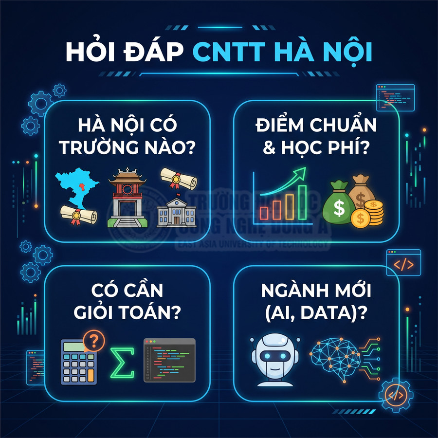 Hỏi đáp ngành công nghệ thông tin Hà Nội về trường đào tạo, điểm chuẩn học phí, yêu cầu toán và các ngành mới AI Data
