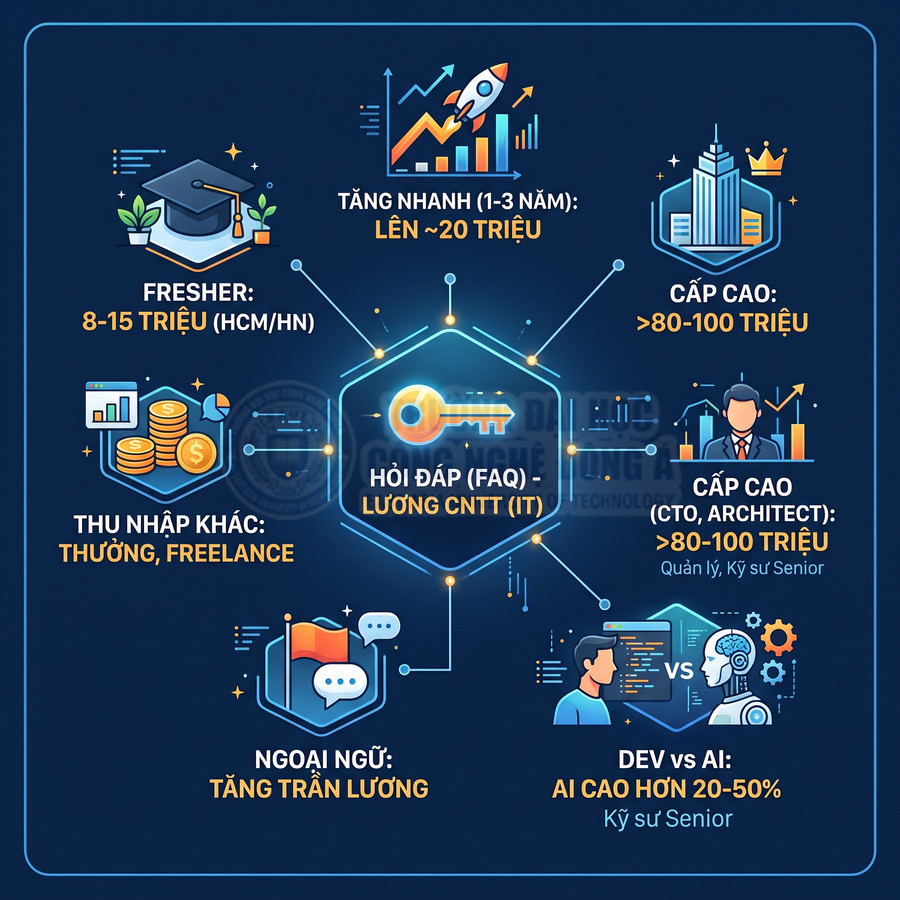 Infographic mức lương ngành CNTT từ fresher đến cấp cao, thu nhập thưởng freelance và lợi thế ngoại ngữ, AI so với dev