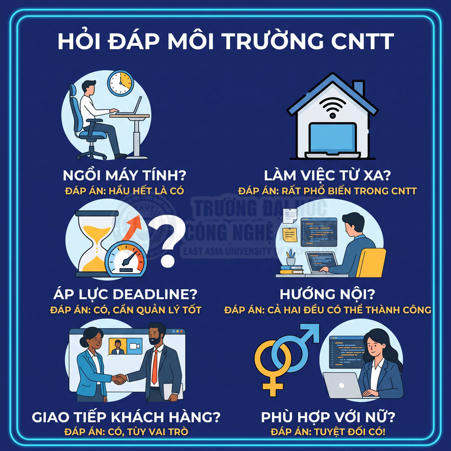 Infographic hỏi đáp về môi trường ngành CNTT, mô tả làm việc máy tính, remote, deadline, giao tiếp khách hàng, phù hợp nam nữ
