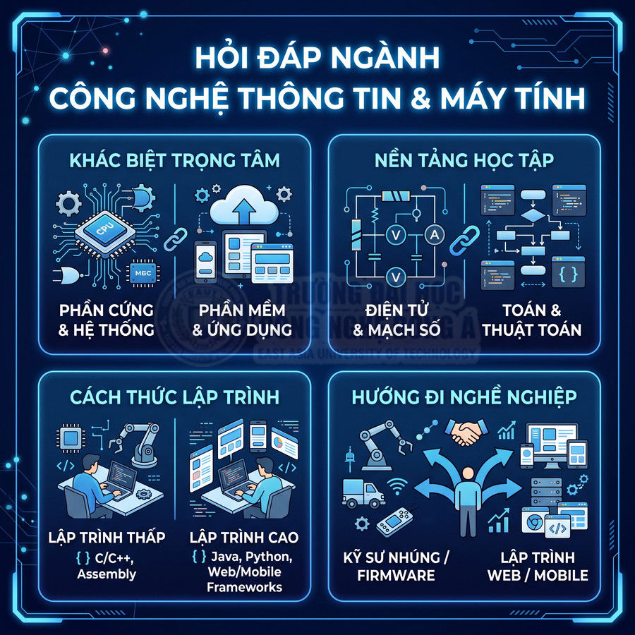 Infographic giới thiệu ngành công nghệ thông tin và máy tính, các mảng học tập, lập trình và hướng đi nghề nghiệp