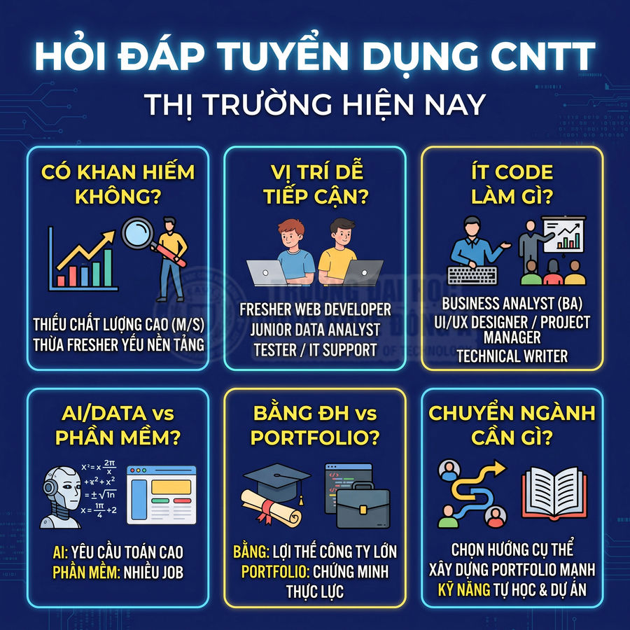 Infographic hỏi đáp tuyển dụng ngành CNTT, các vị trí dễ tiếp cận, kỹ năng và lựa chọn bằng cấp hay portfolio