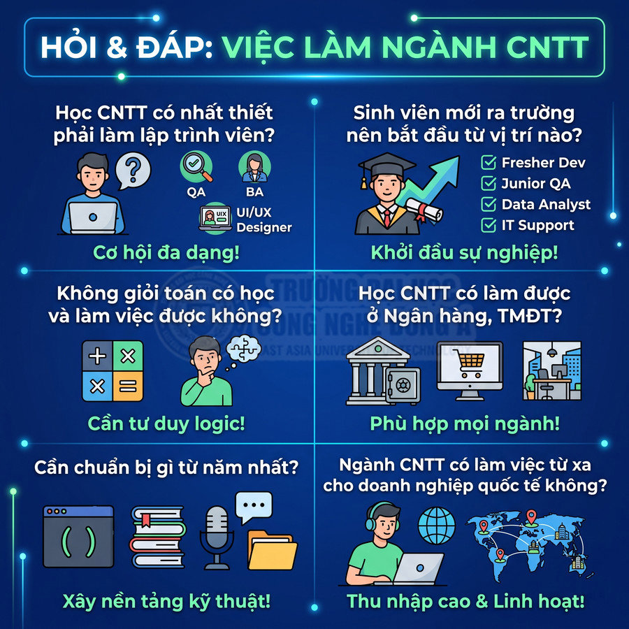 Infographic hỏi đáp về cơ hội việc làm ngành CNTT, vị trí khởi đầu, yêu cầu kỹ năng và tiềm năng thu nhập