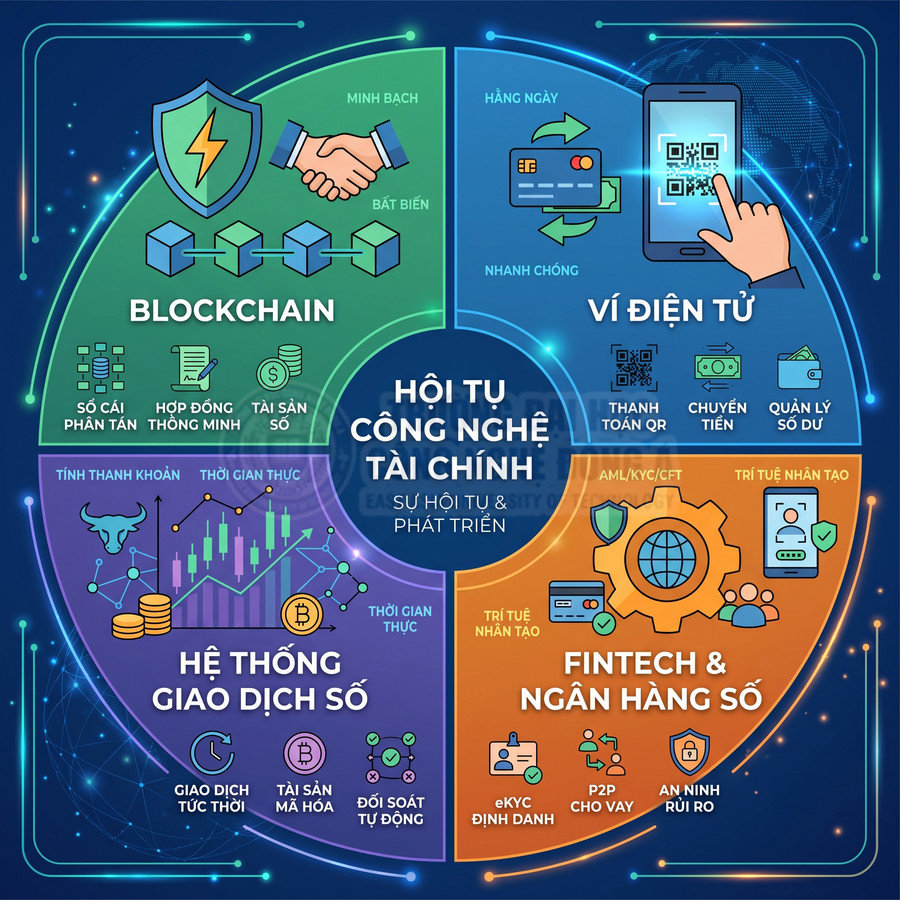 Infographic hội tụ công nghệ tài chính với blockchain, ví điện tử, hệ thống giao dịch số và fintech ngân hàng số