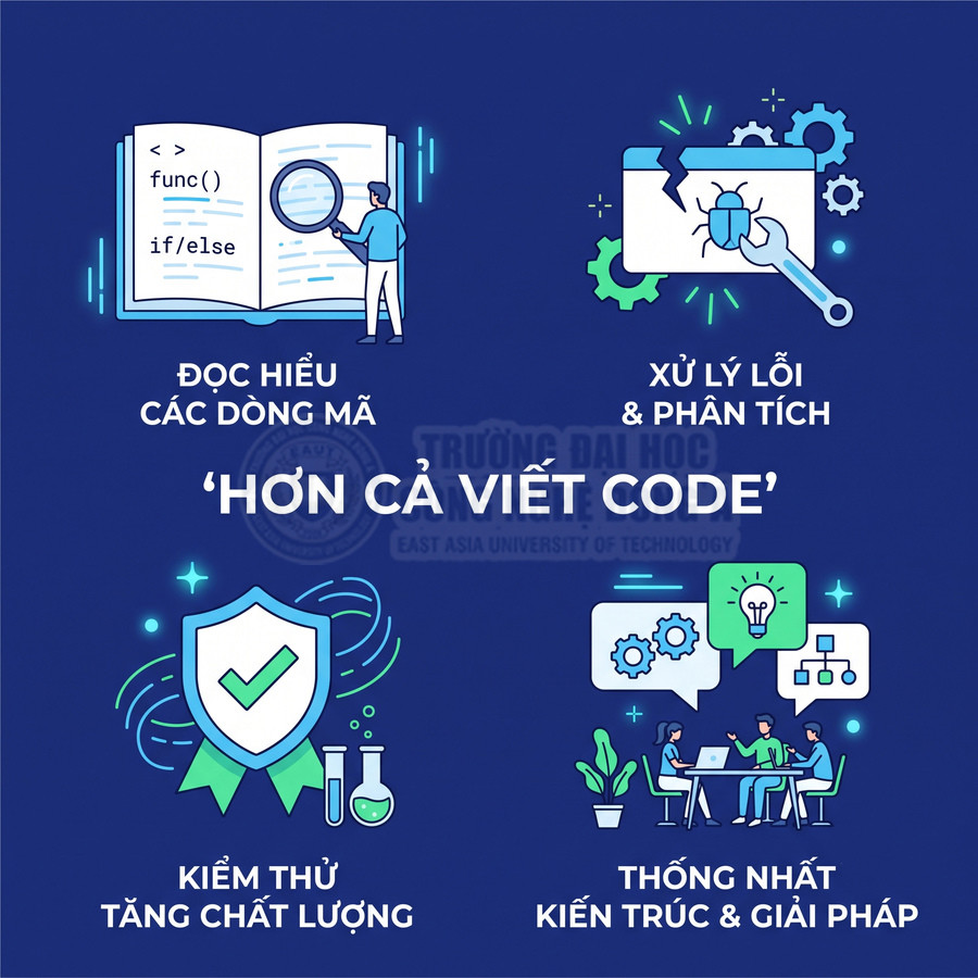 Hình minh họa kỹ năng lập trình: đọc hiểu code, xử lý lỗi, kiểm thử chất lượng và thống nhất kiến trúc giải pháp