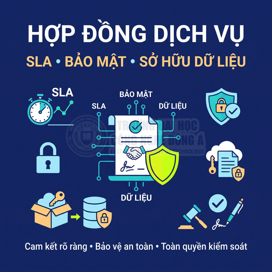 Hợp đồng dịch vụ về SLA, bảo mật và quyền sở hữu dữ liệu với biểu tượng khiên, ổ khóa và tài liệu ký kết