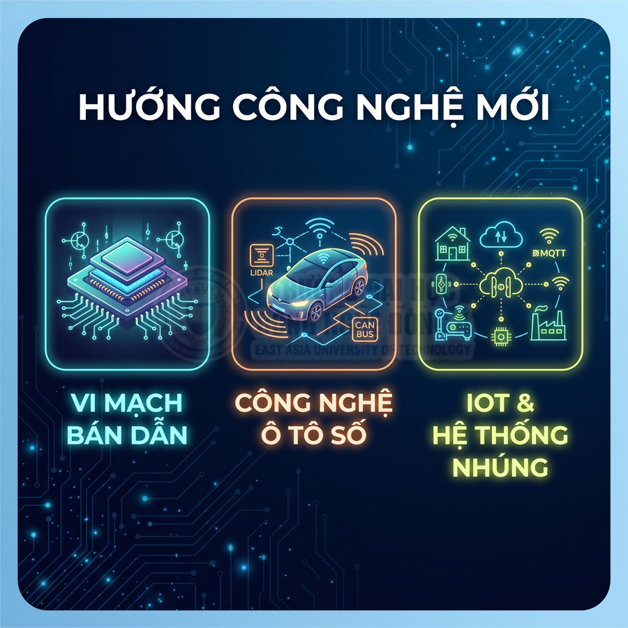 Hình minh họa vi mạch bán dẫn, công nghệ ô tô số và IoT hệ thống nhúng với biểu tượng phát sáng