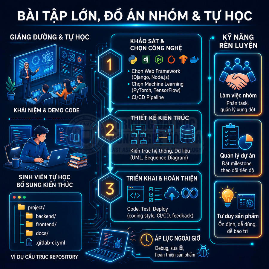 Infographic quy trình làm bài tập lớn và đồ án nhóm công nghệ thông tin, từ chọn công nghệ đến triển khai sản phẩm