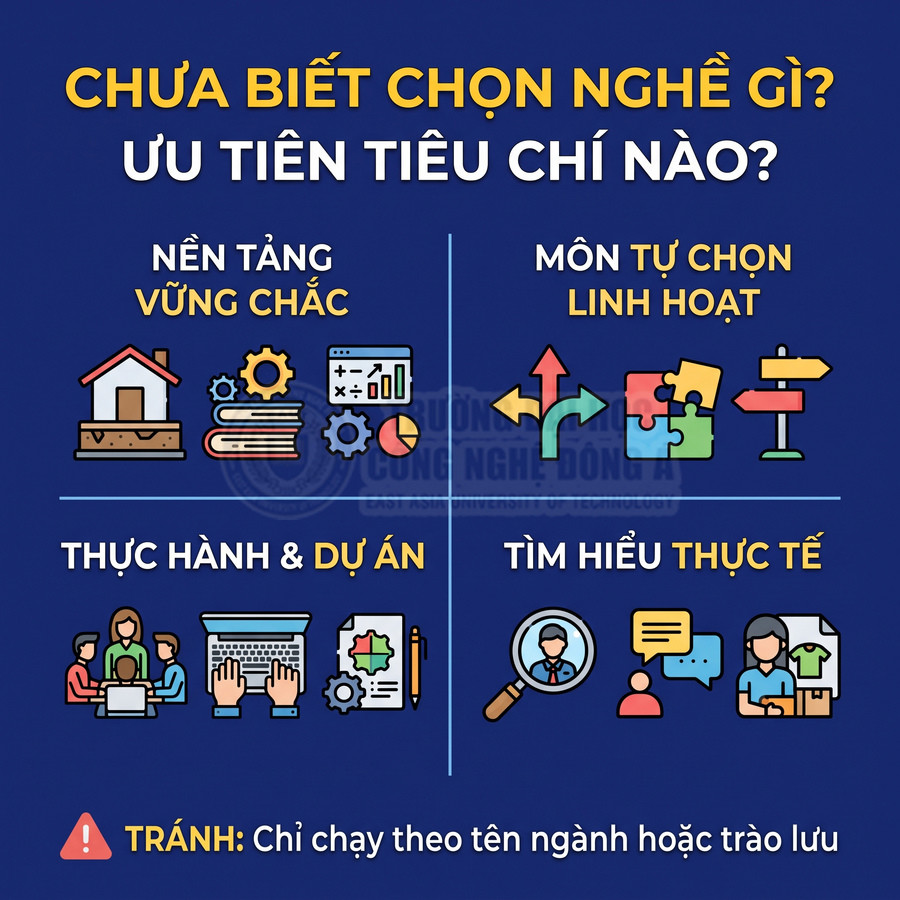 Tiêu chí chọn nghề gồm nền tảng vững chắc, môn tự chọn linh hoạt, thực hành dự án và tìm hiểu thực tế, tránh chạy theo trào lưu