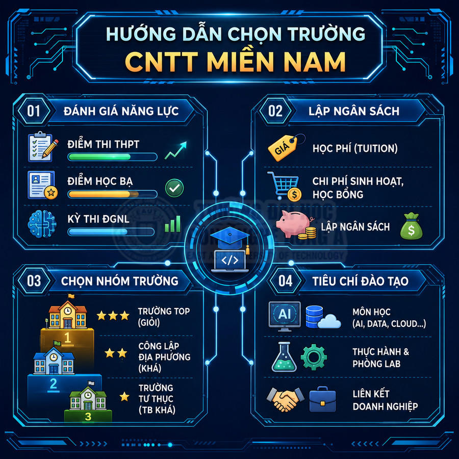 Hướng dẫn chọn trường đại học CNTT miền Nam với các bước đánh giá năng lực, lập ngân sách, chọn nhóm trường, tiêu chí đào tạo