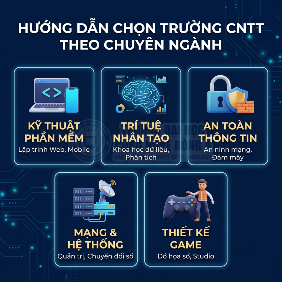 Hướng dẫn chọn ngành học CNTT với các chuyên ngành phần mềm, AI, an toàn thông tin, mạng hệ thống và thiết kế game