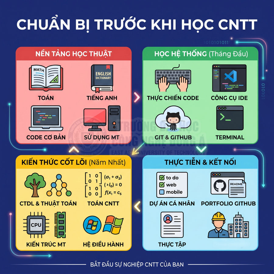 Infographic lộ trình chuẩn bị trước khi học công nghệ thông tin với các kỹ năng và kiến thức cần thiết