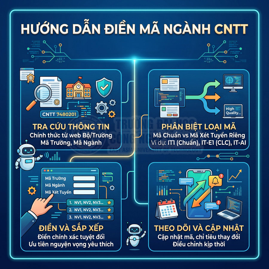 Hướng dẫn điền mã ngành CNTT với các bước tra cứu, phân biệt loại mã, điền sắp xếp nguyện vọng và theo dõi cập nhật