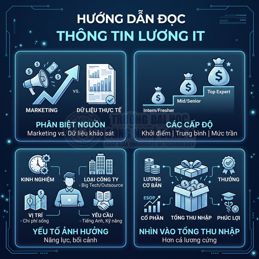 Hướng dẫn đọc thông tin lương IT với các yếu tố nguồn dữ liệu, cấp độ, kinh nghiệm và tổng thu nhập