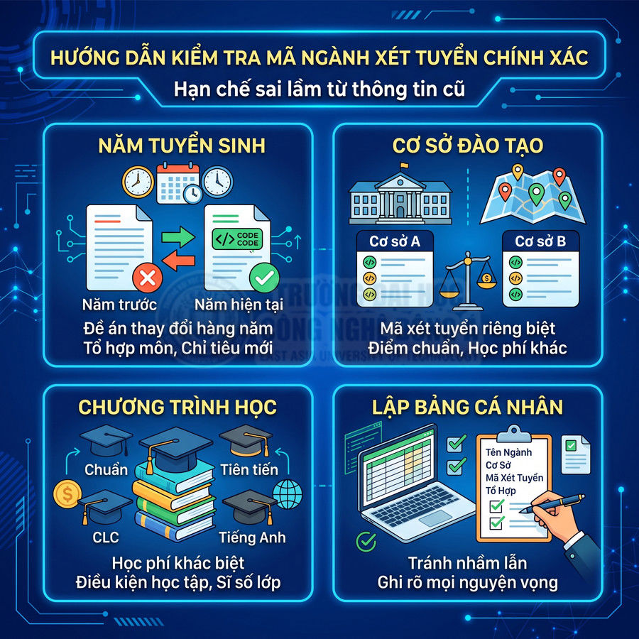Hướng dẫn kiểm tra mã ngành xét tuyển chính xác với các bước về năm tuyển sinh, cơ sở đào tạo, chương trình học, lập bảng cá nhân