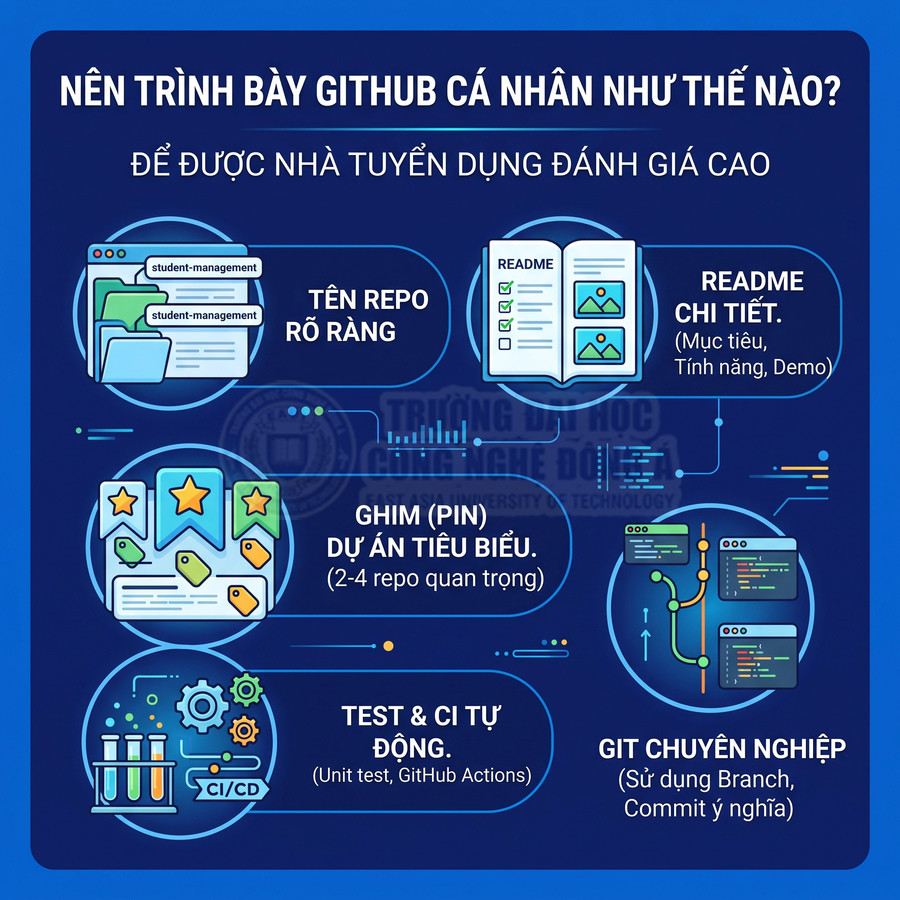 Infographic hướng dẫn trình bày GitHub cá nhân chuyên nghiệp với tên repo rõ ràng, README chi tiết, ghim dự án, CI CD và git chuyên nghiệp